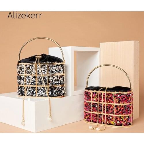 Luxury Sequined Evening Clutch Bag Women 2020 Diamond Metal Handle Basket Cage Purse And Handbag Ladies Pearl Shoulder Bag Party