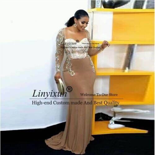 Sexy Elegant African Crystal Mermaid Evening Dresses 2020 See Through Full Sleeves Beaded Prom Gowns Long Robe De Soiree