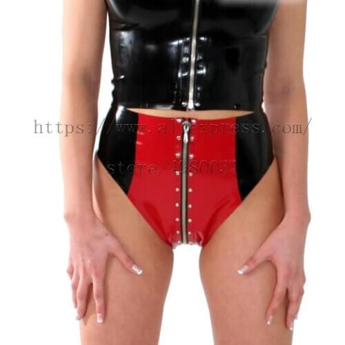 Sexy womens latex shorts with crotch zipper and rivets decorations in red with black trim colors