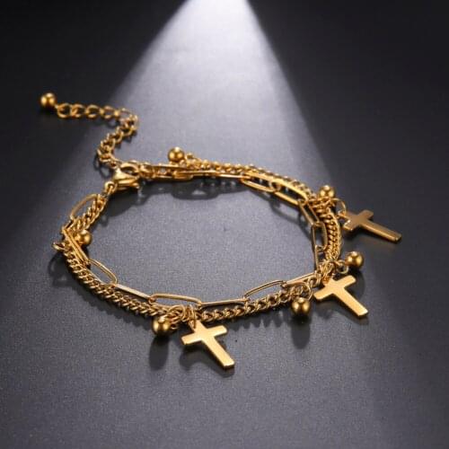 Skyrim Fashion Cross Beads Double Layers Adjustable Bracelets for Women Stainless Steel Gold Color Charm Bracelet Jewelry 2021