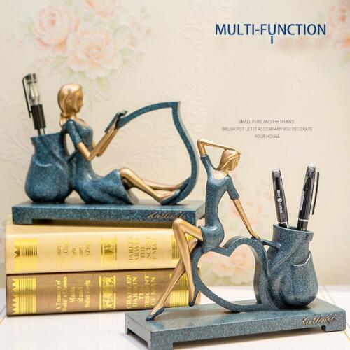 Modern Resin Woman Heart Pen Holder Ornaments Study Room Table Furnishing Crafts Office Hotel Desktop Accessories Decoration Art
