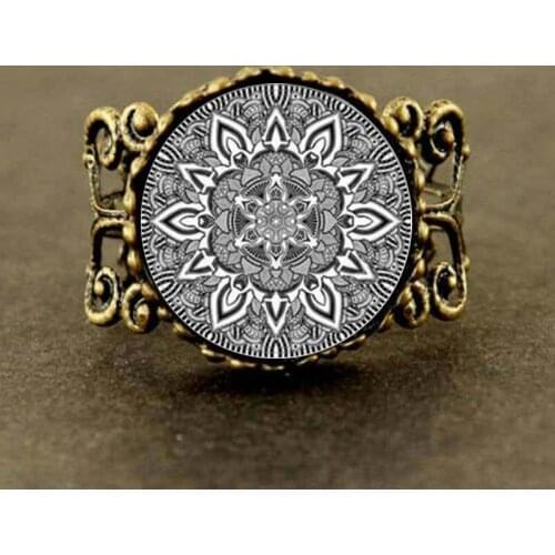 Namel mandala flower Glass Art Ring henna yoga Steampunk India style jewelry gift men women