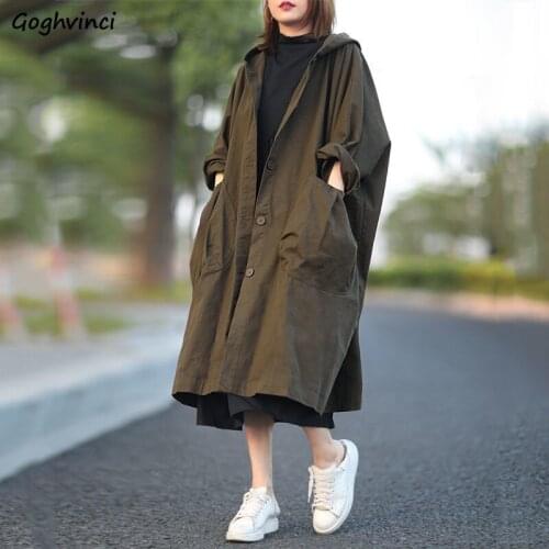 Trench Coats Women Solid Long Jacket Fall Spring Windbreaker Hooded Oversize Females Chic All-match Travel Streetwear Ulzzang