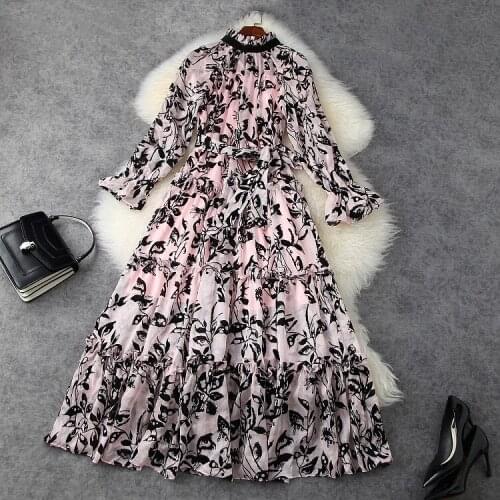 American European womens and clothing new 2021 spring Long sleeve flared sleeve printing Fashion Pink Dress