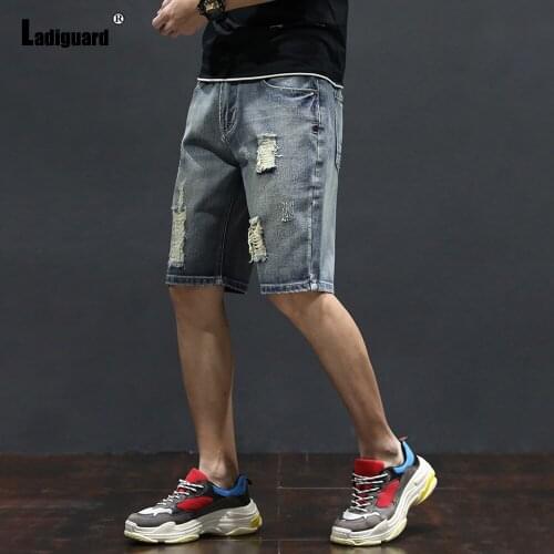 Ladiguard Plus Size Men Denim Shorts Fashion Hole Ripped Jean Half Pants Sexy Mens Clothing 2021 New Patchwork Demin Short Jeans