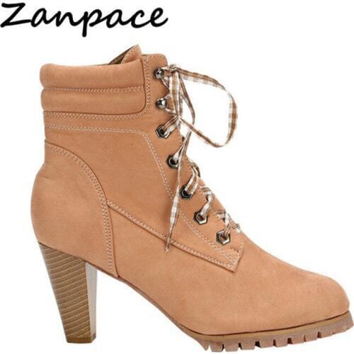 2019 Autumn New Womens Boots Large Size 42 Leather Lace-Up Women Shoes Straps High-heeled Warm Boots Pointed Toe Leather Boots