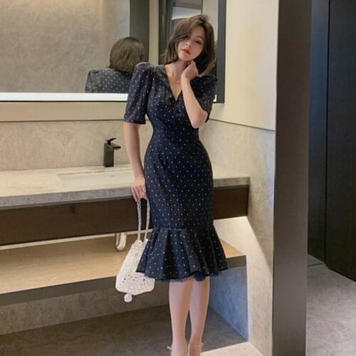 Summer High End Dresses Sexy Party Bodycon Office Women Short Sleeve V Neck Dot Elegant Dresses Vintage Bandage Mermaid Dress