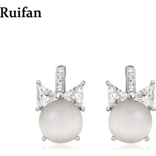 Ruifan Bow-knot Natural Opal Silver 925 Stud Earrings for Women Lady Cubic Zirconia Earring Trendy 2020 Summer Jewelry YEA019