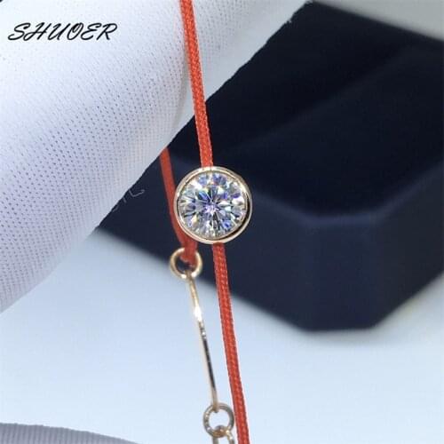 Women Classic 925 Sterling Silver Round Brilliant Cut 0.5 Carat Pass Diamond Tester D Color Moissanite Bracelet Red Rope Chain