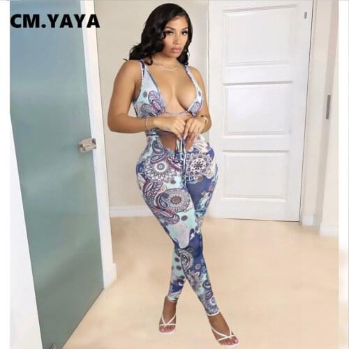 CM.YAYA Women Jumpsuit Print Sleeveless Bandage Hollow Out Sheath Elastic Bodycon Jumpsuits Sexy Fashion Outfit Summer 2021
