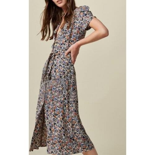 Womens Floral Printed Midi Dress V-neck Short Sleeve Lace-up 2021 New Ladies Robe