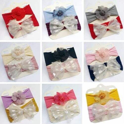 2pcs/set Lovely Handmade Flowers Baby Girls Hairband Shining Dots Print Bowknot Infant Elastic Headband Kids Hair Accessories