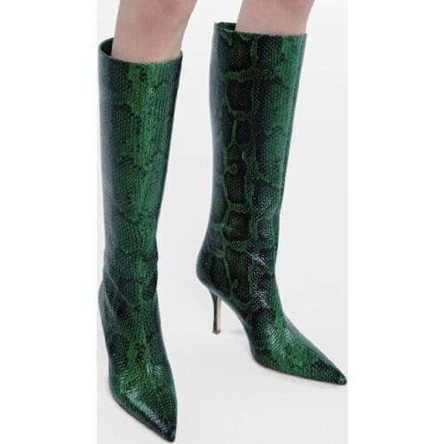 Hot Selling Large Size Womens Boots Sexy Green Snake Pattern Pointed High Heel Boots Winter Warm Ladies Shoes Heel 9.5Cm