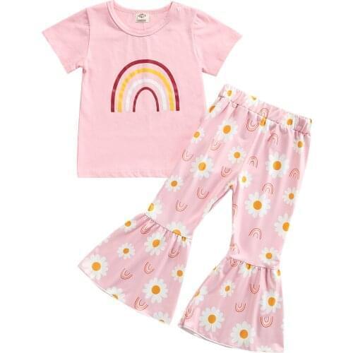 Toddler Girls Two-piece Clothes Set Pink Rainbow Short Sleeve T-shirt and Long Flared Pants Kids Outfits Children Clothing Set