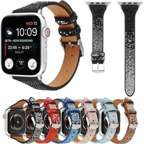 Shining Rhinestone Leather Strap for Apple Watch iWatch 6 5 4 3 2 SE 38mm 42mm 40mm 44mm Women Replacement Bracelet Wrist Band