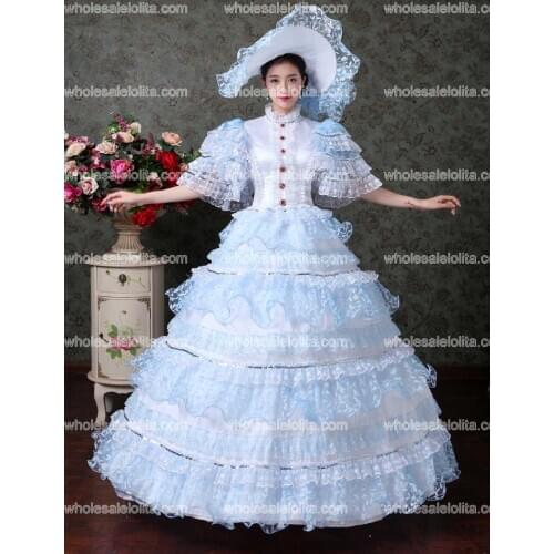 Sky Blue Lace Vampire Masquerade Ball Dress Civil War Southern Belle Ball Gown Marie Antoinette 18th Century Costume