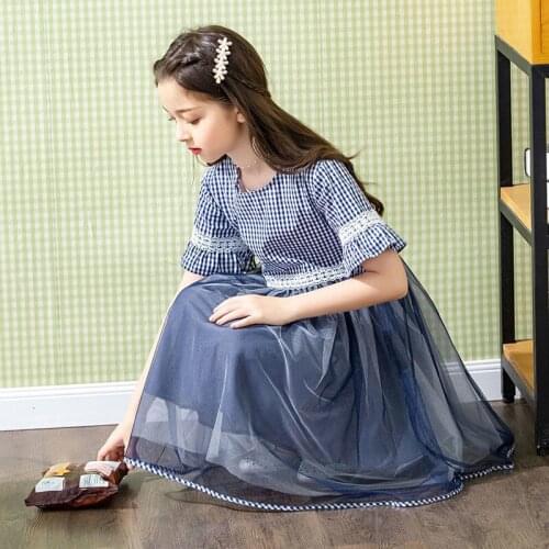 Summer Cute Blue Plaid Dress For Girls Collar Loose Hem Gowns Kids Birthday Wedding Prom Party Dresses Children Clothes