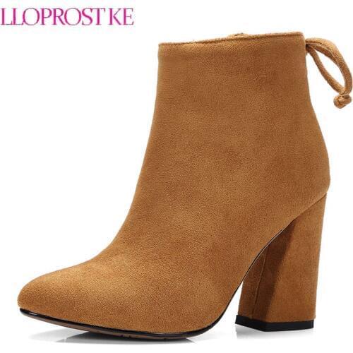 LLOPROST KE Women Winter Boots Flock Ankle Boots Fashion Pointed Toe Thick Heel Women Boots High Heel Lady Sexy Boots GL091