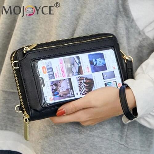 Fashion Women PU Leather Shoulder Crossbody Bag Portable Solid Color Touch Screen Phone Bags Casual Zipper Small Wallet Purse