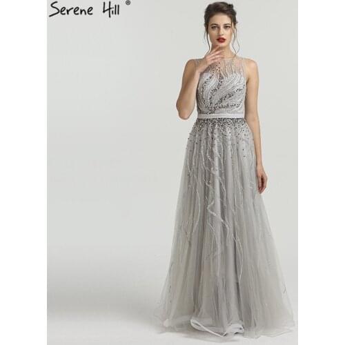 New Fashion Diamond Beading Beach Evening Dresses 2020 Grey Sleeveless Perspective Sexy Evening Gown BLA6577