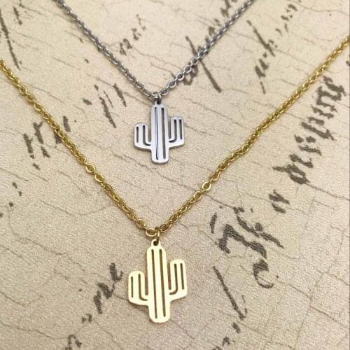 New Trendy Cactus Necklaces Plant Pendants For Women Stainless Steel Gold Color Female Pendant Necklaces for Valentine' Day Gift