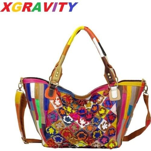 XGRAVITY New Fashion Flower Handbags Cross Body Big Handbags Elegant Cowhide Genuine Leather Large Bags Feamele Luxury Handbags
