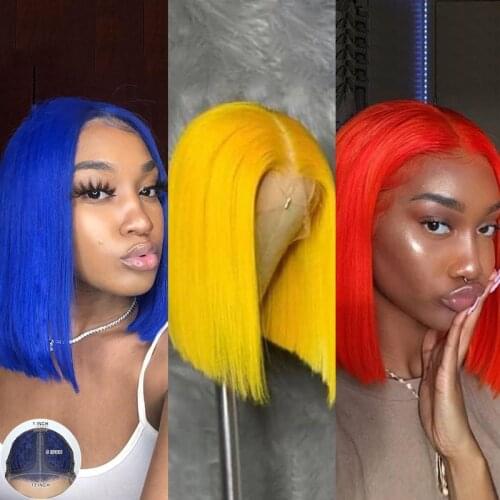 Transparent Lace Straight Bob Human Hair Wigs T Part Lace Wig Brazilian Remy Yellow Red Blue Color Lace Front Wig 150% Pre Pluck