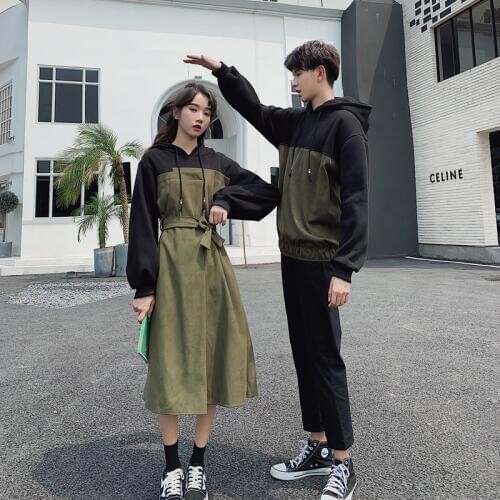 Korean Couple Matching Clothes College School Lovers Pair Women Men Long Patchwork Hoodie Dress Sweatshirt Outfit Wear Set