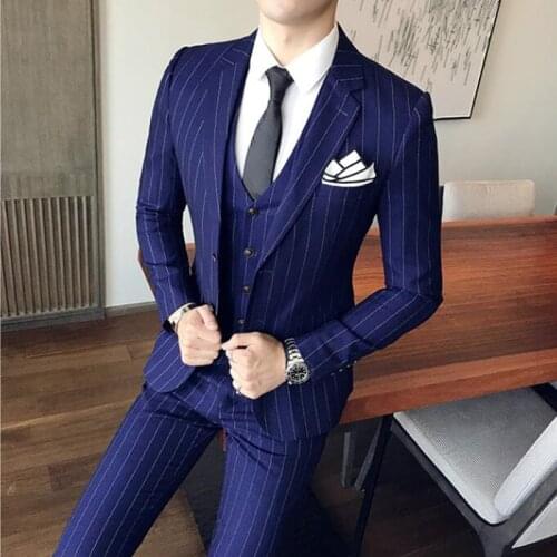 Jacket+Vest+Pants) 2021 Fashion Boutique Striped Slim Blazers Mens Business Casual Suits 3pcs Set Groom Wedding Dress Tuxedo