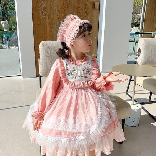 2021New Girls Spanish Lotia Pink Dress with Headwear Toddler Long Sleeve Embroidery Spain Ball Gowns Eid Baptism Party Clothes