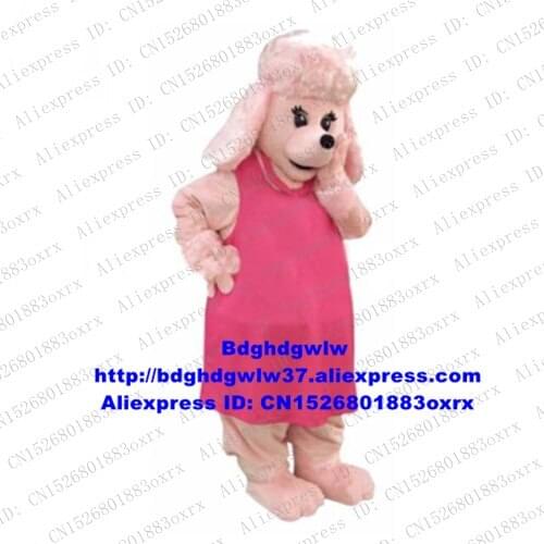 Pink Long Fur Female Dog Poodle Pudel Mascot Costume Adult Cartoon Character Marketplace Hypermarket Birthday Party zx2798