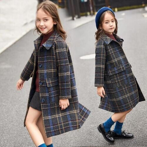 Girls' Autumn Winter Models Slim Beautiful Thick Long Woolen Plaid Coat