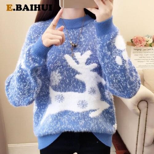 EBAIHUI Fake Mink Cashmere Sweater Mock Neck Elk Pattern Pullovers for Christmas Soft Loose Knitted Red Sweaters Jumpers Female