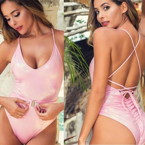 DUOJIAOYAN shiny fabric V-neck one piece waistband swimsuit Sexy Backless bikini swimwear bathing suits for women