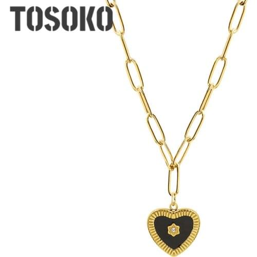 TOSOKO Stainless Steel Jewelry Black Peach Heart Drop Oil Handmade Necklace Womens Retro Cavicle Chain BSP1019