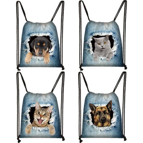 Funny puppy dog / kitten cat print drawstring bag women fashion storage bag ladies shopping bags teenager boys girl backpack