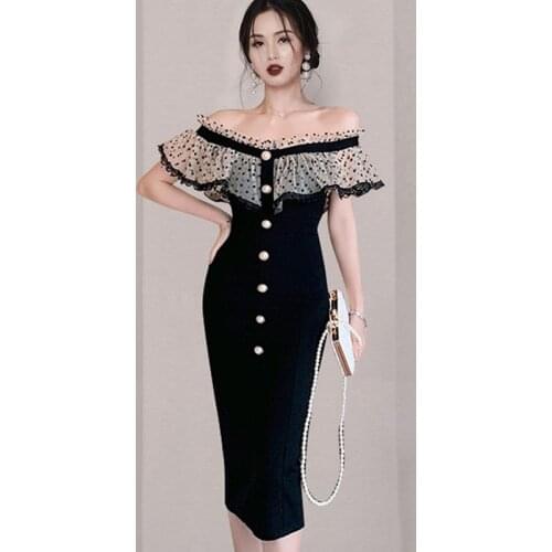 ZAWFL Elegant Slash Neck Dress Women Wave Point Mesh Ruffles Patchwork Single Breasted Female Bodycon Pencil Club Dresses