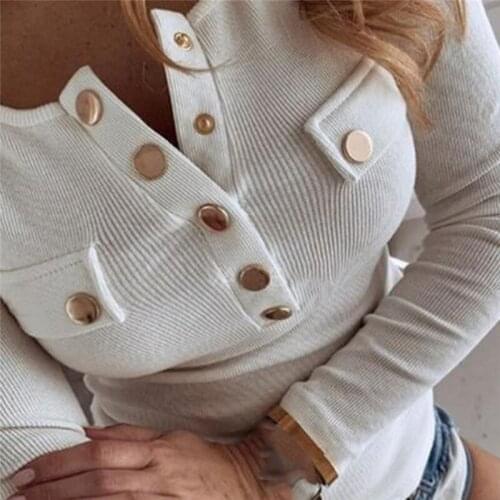 Women Autumn O-Neck Buttons Pullovers Long Sleeve T-Shirt Female Winter Sexy Slim Ribbed Knit Tops Plus Size