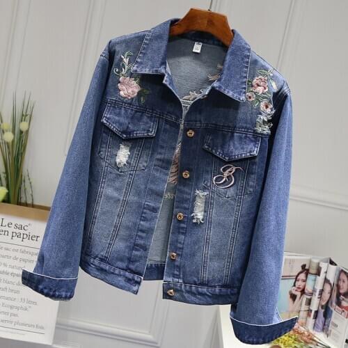 Women Holes Vintage blue Women Denim Jacket Casual Floral Embroidery Streetwear Coat Vintage Button Pockets Commuter Coat