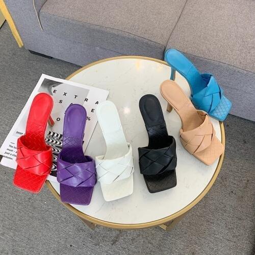 Purple Woven Big Braid Leather Slippers Women High Heel Sandals Ladies Slides Square Toe Mules Shoes Designer Brand Shoes Woman