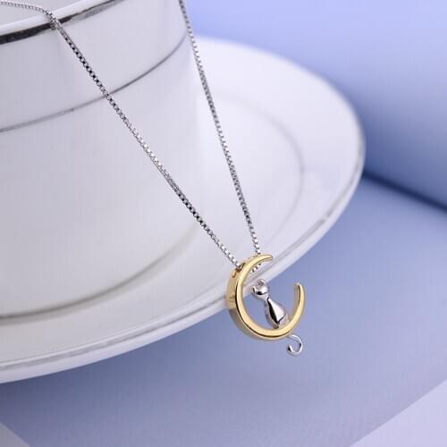 Kindey Bijoux New Arrivals Silver Color Moon Cat Necklaces For Women Long Necklaces Pendants Collar Girls Gifts