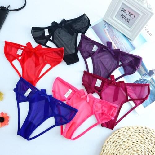 Womens Sexy lingerie Thongs G-string Underwear Panties Briefs Ladies T-back Gauze open bottom thin ribbon bow