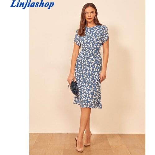 Vintage Floral Print Summer Chiffon Dress Women Round Neck Short Sleeve Slim A-line Midi Elegant Lady Dresses Robe Femme