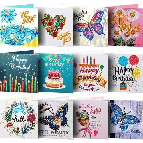 12pcs 5D DIY Diamond Painting Greeting Card Special Shape Diamond Embroidery Birthday Cards Postcards Gifts Cross Stitch Crafts