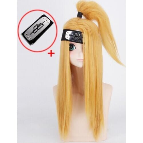 27.5" Naruto Akatsuki Deidara Long Gold Wigs Heat Resistant Synthetic Hair Halloween Party Cosplay Wigs + Headband + Net Cap
