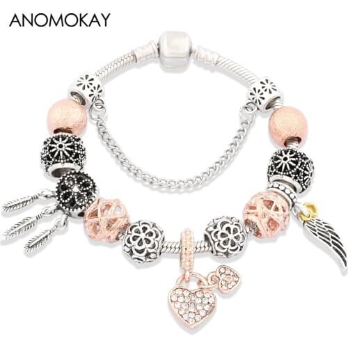 Anomokay Trendy Gold Color Heart Wings Dream Catcher Pendant Charm Bracelet Big Hole Ball DIY Bead Bracelet Jewelry for Gift