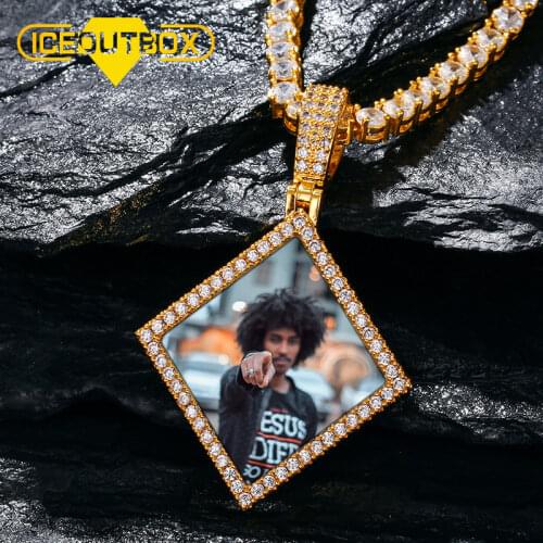 ICEOUTBOX New Design Square Memory Custom Picture Pendant Necklace Micro Pave Charm Mens Hip Hop Rock Personalized Jewelry Gift