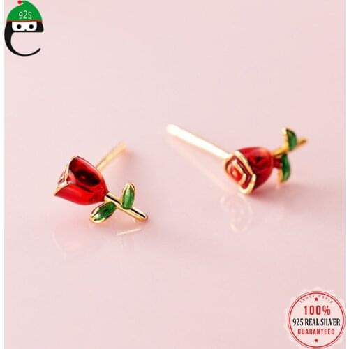 ElfoPlataSi 925 Sterling Silver Red Rose Stud Earrings Love Gift For Girl Friend Wife Birthday Wedding Fine Jewelry DD650