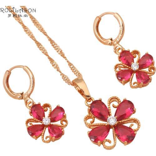 Glitering Gift Party items gold Tone Rose Zircon Crystal Jewelry Sets Earrings Necklace for women Fashion Jewelry JS368