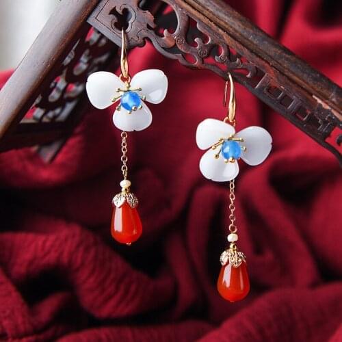 Chinese Wind jewelry white glass glazed dangle earrings, New Original Ethnic nature stones earrings